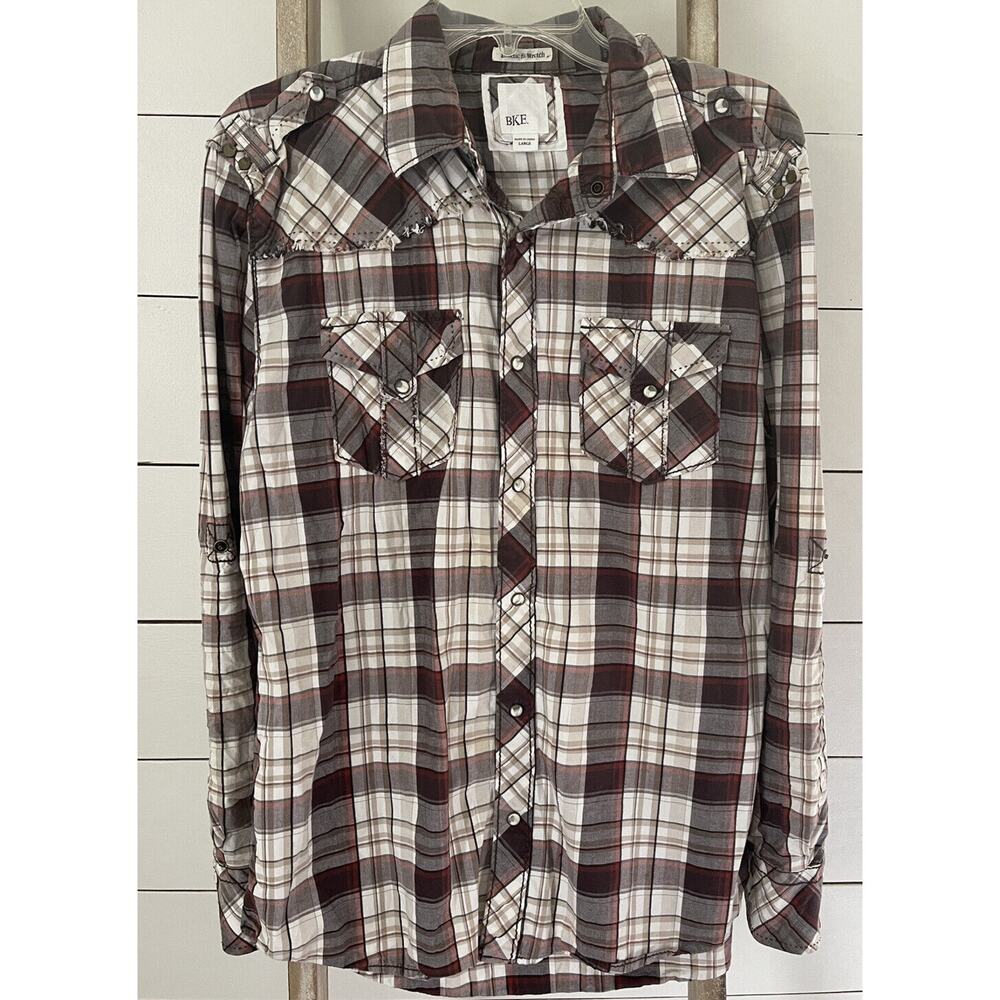 BKE Mens Pearl Snap Western Shirt Athletic Fit Long Sleeves Brown Stitched Large